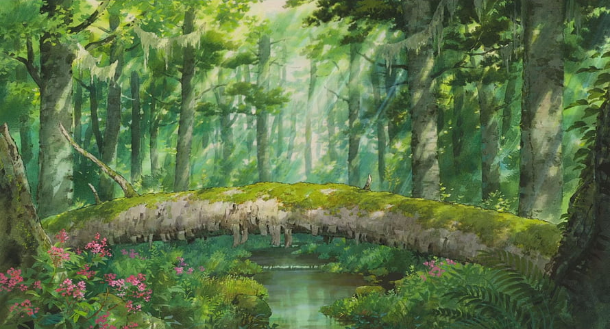 Studio Ghibli Animated Forest Scene with Mossy Log Bridge and Sunlit Stream HD wallpaper