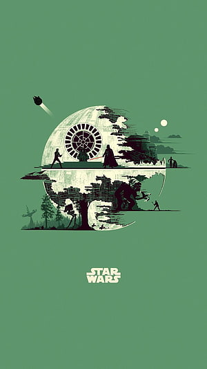 Star Wars Minimalist Death Star Illustration with Silhouetted Characters and Green Palette HD phone wallpaper