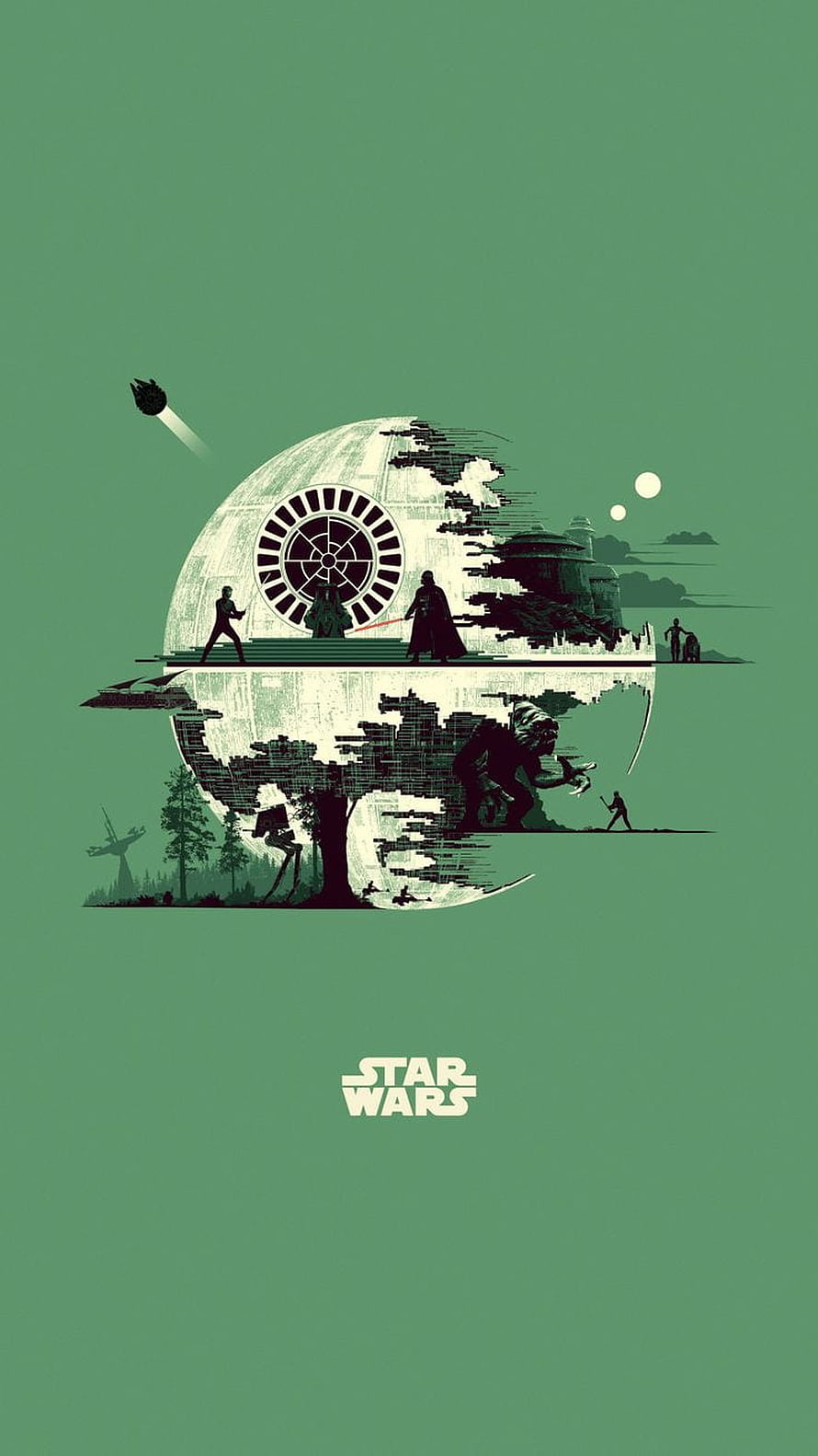 Star Wars Minimalist Death Star Illustration with Silhouetted Characters and Green Palette HD phone wallpaper