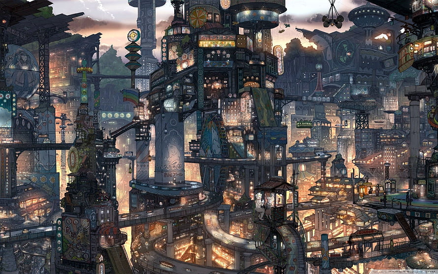 Dense Steampunk Metropolis with Layered Architecture and Glowing City Lights HD wallpaper