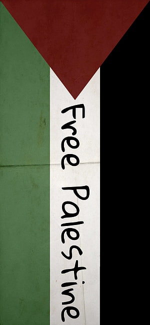 Hand-painted Palestinian flag with Free Palestine text on a vertical banner HD phone wallpaper