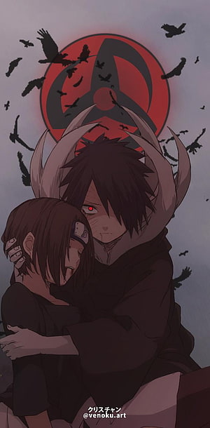 Naruto Obito and Rin Embrace with Akatsuki Symbol and Crows HD phone wallpaper
