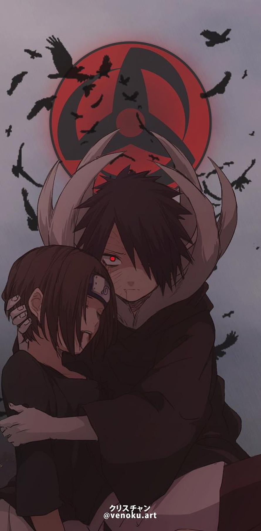 Naruto Obito and Rin Embrace with Akatsuki Symbol and Crows HD phone wallpaper