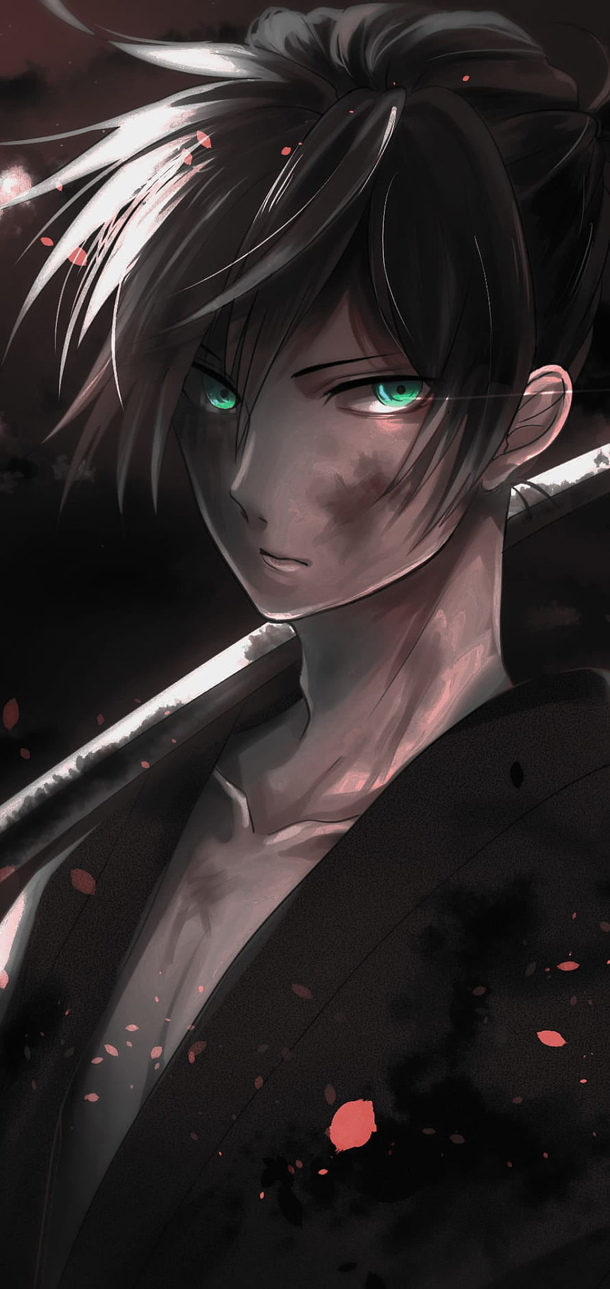 Dark Anime Male Character with Green Eyes and Sword in Moody Illustration HD phone wallpaper