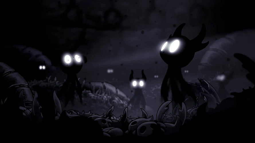 Hollow Knight Shadowy Creatures in Dark Underground Cavern Scene HD wallpaper