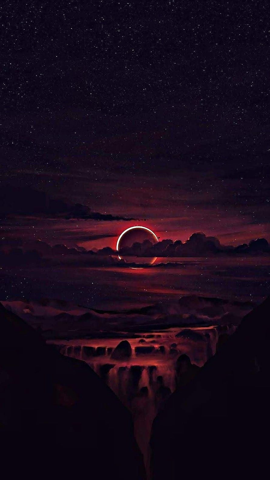Crimson Eclipse Over Dark Canyon Landscape with Starry Night Sky HD phone wallpaper