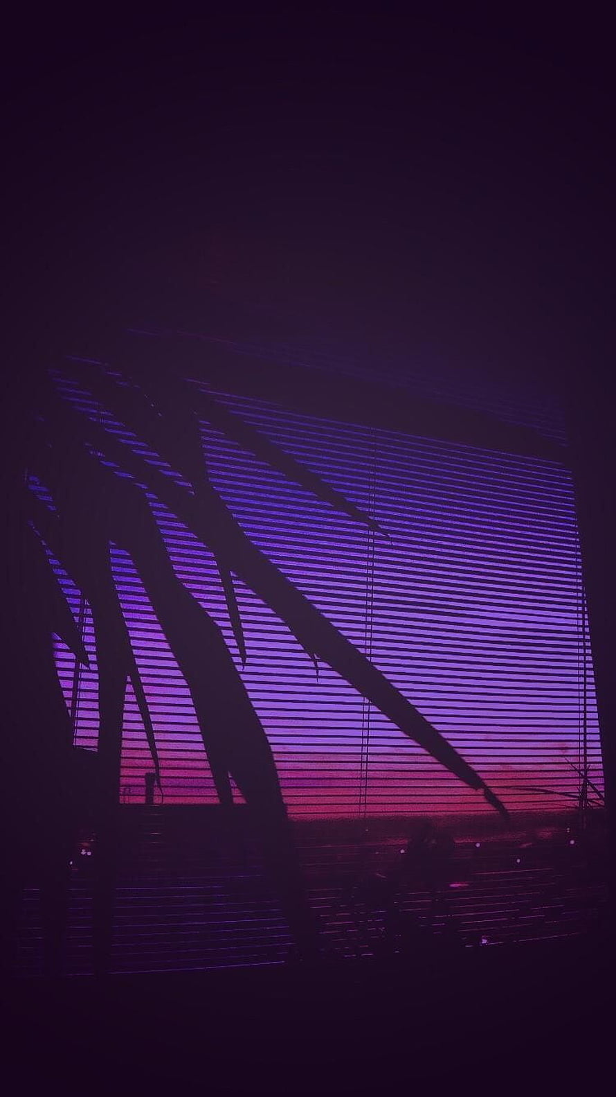 Dark Purple Aesthetic with Silhouetted Palm Fronds and Retro Scanline Gradient HD phone wallpaper