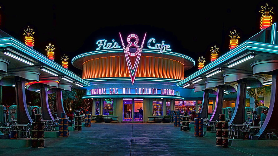 Flo's V8 Cafe at Night in Radiator Springs from Cars HD wallpaper