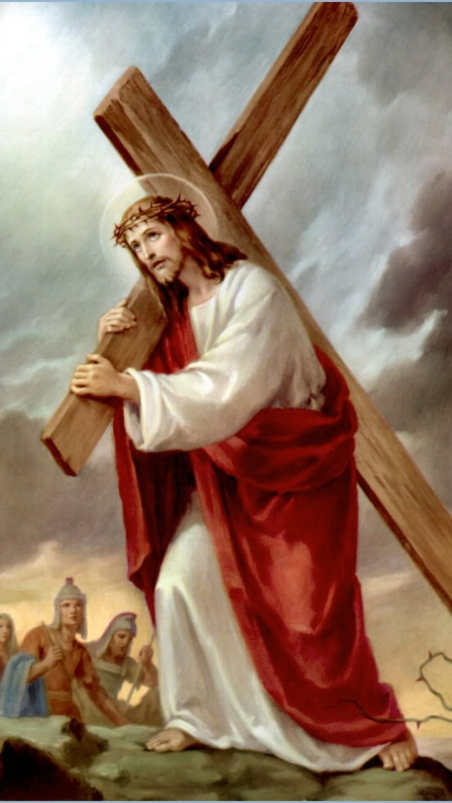 Jesus Christ Carrying the Cross in Traditional Religious Painting HD phone wallpaper