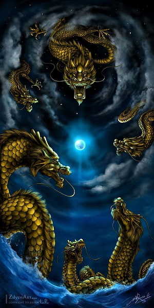 Nine Golden Dragons Circling a Glowing Moon in a Stormy Night Sky HD phone wallpaper
