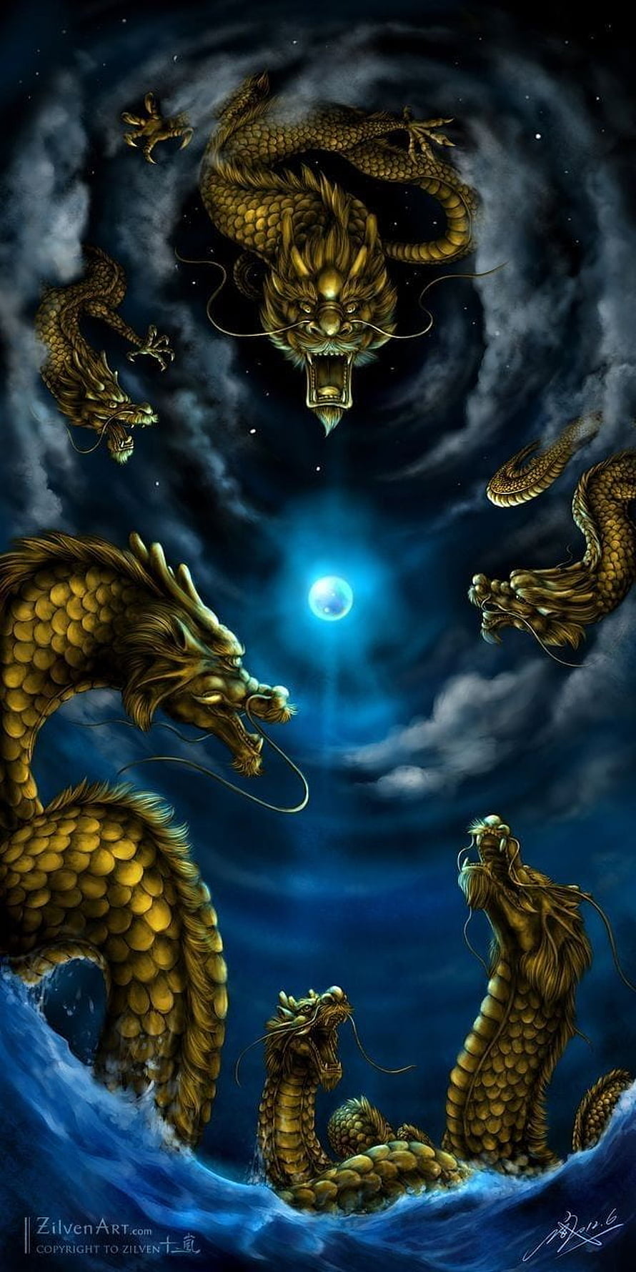 Nine Golden Dragons Circling a Glowing Moon in a Stormy Night Sky HD phone wallpaper
