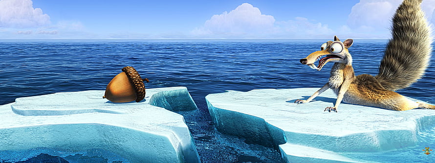 Scrat the Squirrel Reaches for an Acorn on Split Ice Floes in the Ocean HD wallpaper