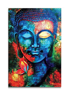 Vibrant Blue Buddha Face with Lotus Flower in Expressive Abstract Oil Painting Style HD phone wallpaper