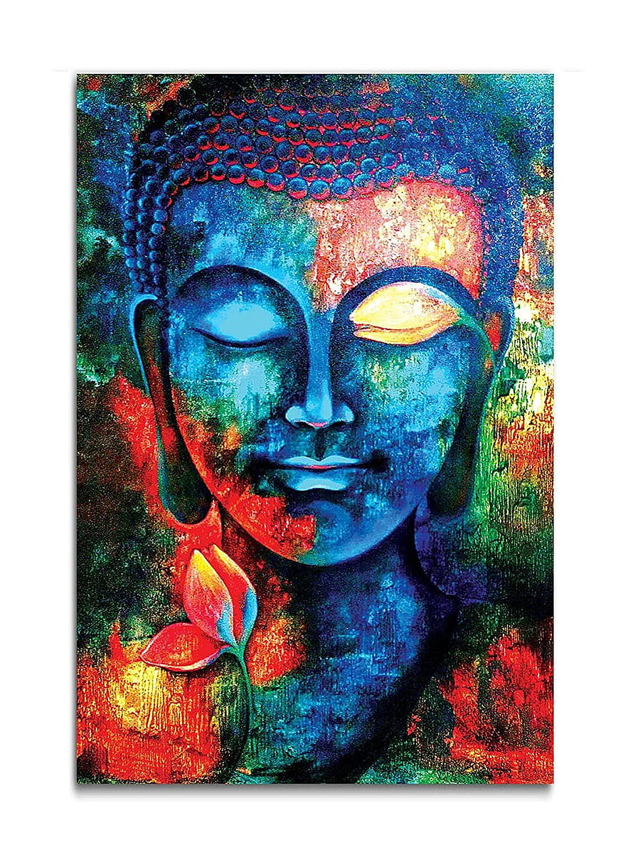 Vibrant Blue Buddha Face with Lotus Flower in Expressive Abstract Oil Painting Style HD phone wallpaper