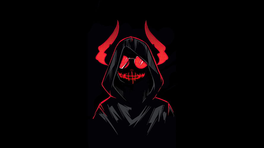 Glowing Red Horned Demon Hooded Figure with Grinning Mask on Black Background HD wallpaper