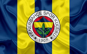 Fenerbahce Spor Kulubu Club Crest on Waving Blue and Yellow Striped Fabric HD wallpaper