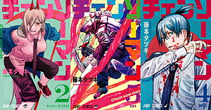 Chainsaw Man Manga Volume Covers Featuring Denji, Power, and Aki in Vibrant Action Art HD wallpaper
