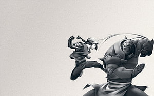 Fullmetal Alchemist anime illustration of a young alchemist delivering a high kick to a large armored opponent in a monochrome style HD wallpaper