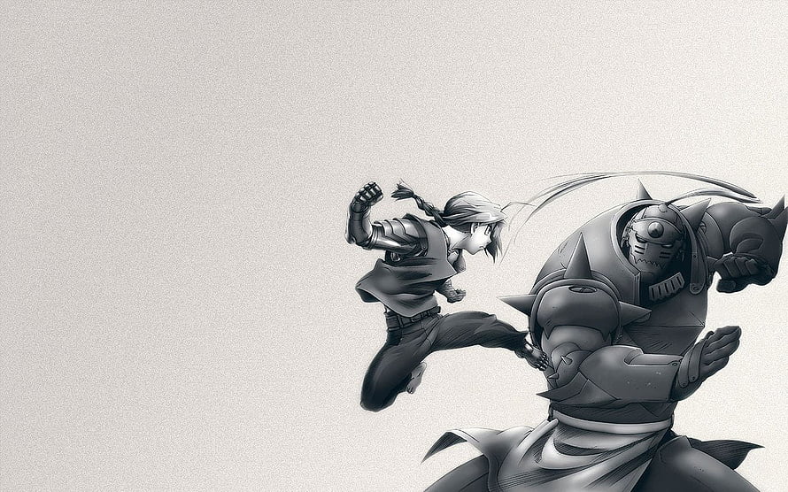 Fullmetal Alchemist anime illustration of a young alchemist delivering a high kick to a large armored opponent in a monochrome style HD wallpaper
