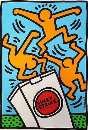 Keith Haring Lucky Strike Pop Art Print with Dancing Figures and Cigarette Pack HD phone wallpaper