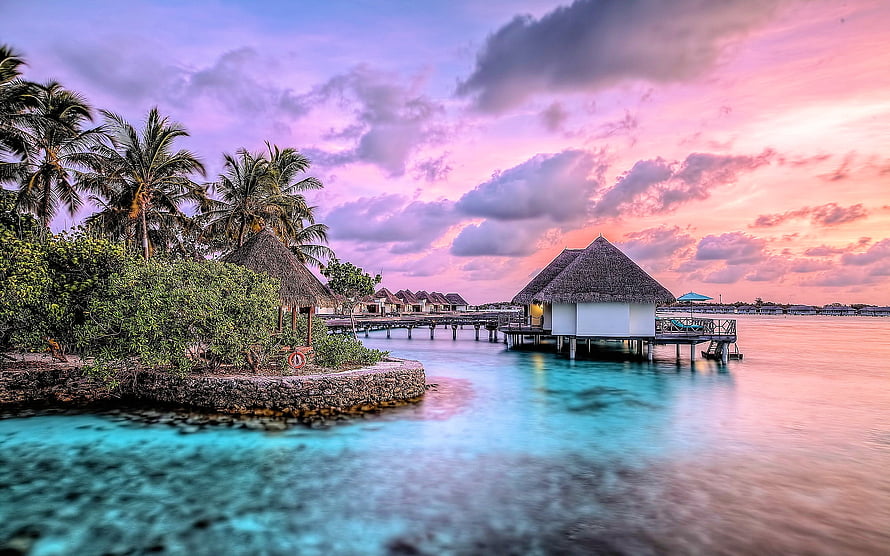 Overwater Bungalows at Sunset with Turquoise Lagoon and Palm Trees HD wallpaper