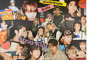 Stray Kids K-Pop Group Photo Collage with Retro Stickers and Heart Accents HD wallpaper