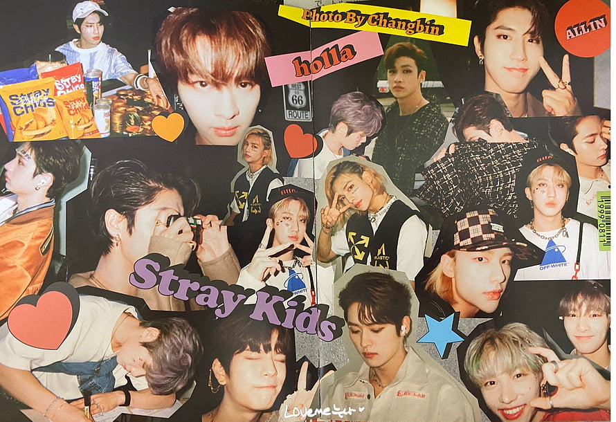Stray Kids K-Pop Group Photo Collage with Retro Stickers and Heart Accents HD wallpaper