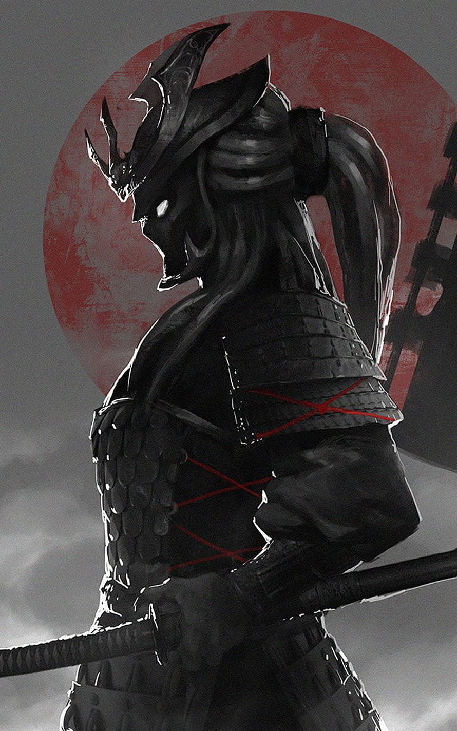 Dark Anime Samurai Warrior in Black Armor with Katana Against Red Moon HD phone wallpaper