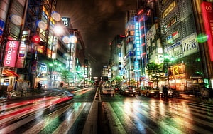 Tokyo City Street at Night with Neon Signs and Wet Road Reflections HD wallpaper