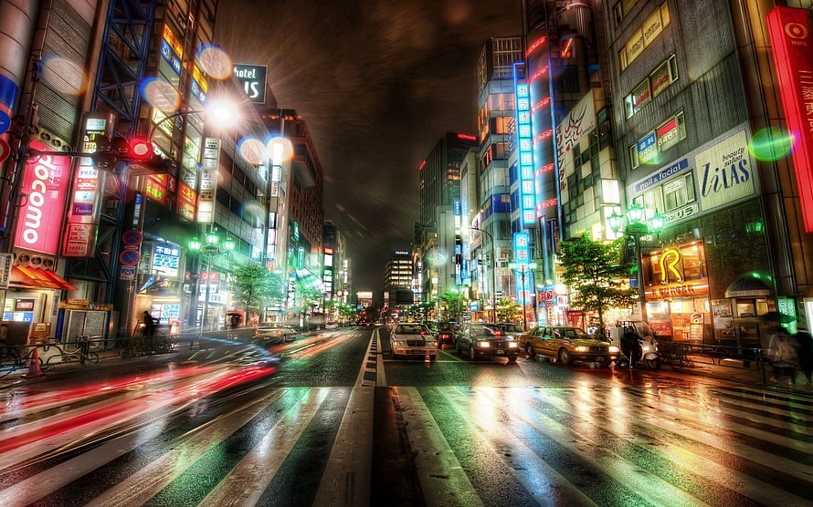 Tokyo City Street at Night with Neon Signs and Wet Road Reflections HD wallpaper