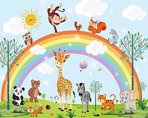 Cute Cartoon Animal Rainbow Illustration for Kids Room Wall Mural and Nursery Decor HD wallpaper