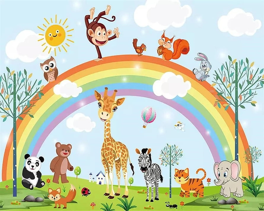 Cute Cartoon Animal Rainbow Illustration for Kids Room Wall Mural and Nursery Decor HD wallpaper
