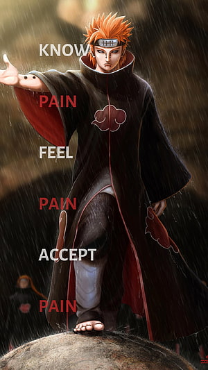 Pain from Naruto in Akatsuki Cloak Standing in Rain with Motivational Quote Overlay HD phone wallpaper