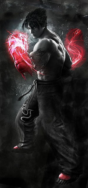 Jin Kazama from Tekken 7 channeling red devil energy in a dark dramatic pose HD phone wallpaper