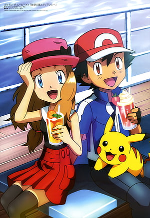 Ash and Serena with Pikachu Enjoying Drinks on a Ship Deck in Pokemon XY HD phone wallpaper