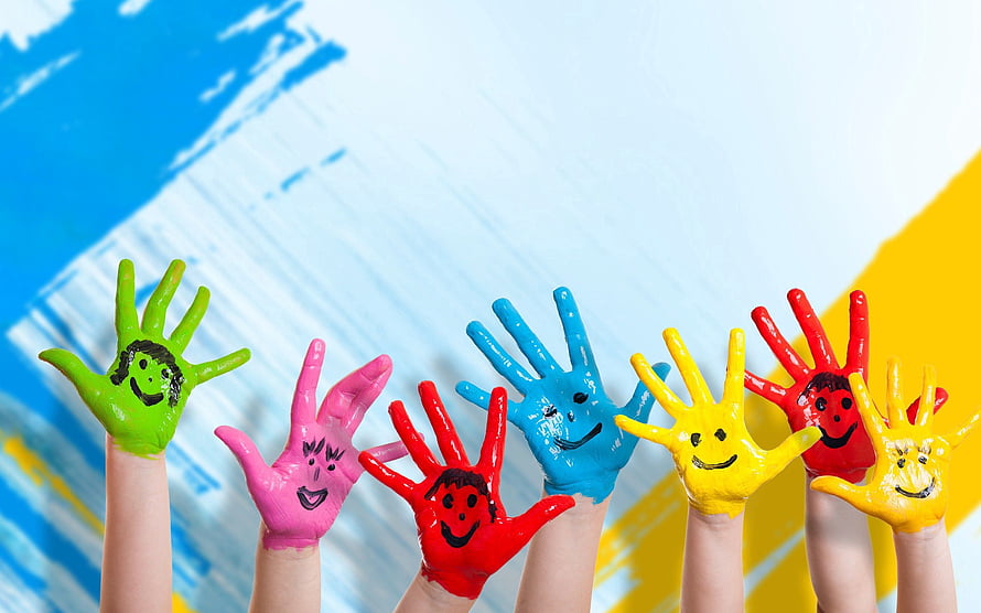 Colorful Painted Hands With Smiling Faces Raised Against Abstract Background HD wallpaper