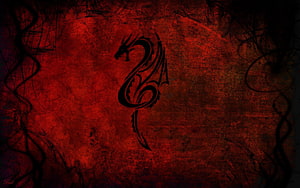 Black Tribal Dragon Silhouette on Dark Red Grunge Background HD wallpaper