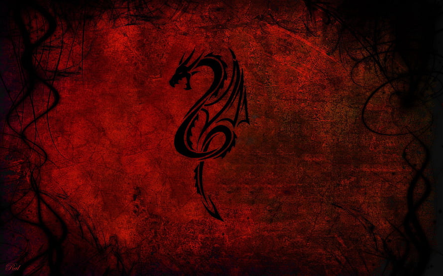 Black Tribal Dragon Silhouette on Dark Red Grunge Background HD wallpaper