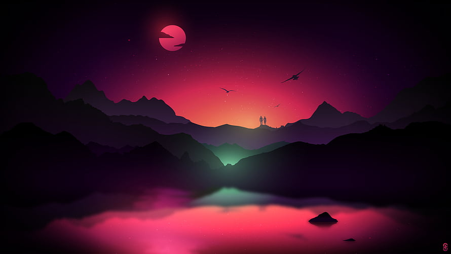 Silhouetted Couple on Mountain Ridge Under Neon Sunset Sky with Birds and Lake Reflection HD wallpaper
