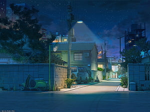 Quiet Japanese Neighborhood at Night with Street Lamp and Scooter HD wallpaper