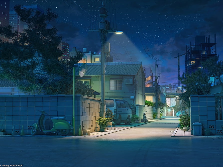 Quiet Japanese Neighborhood at Night with Street Lamp and Scooter HD wallpaper