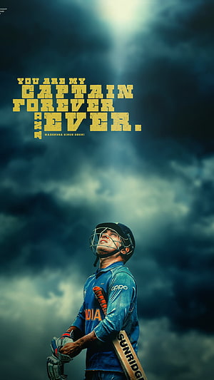 Mahendra Singh Dhoni in India Cricket Jersey Holding Bat Under Dramatic Stormy Sky HD phone wallpaper