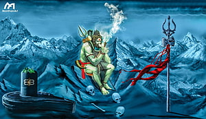 Lord Shiva Meditating in Snowy Mountains with Trishul and Skulls HD wallpaper