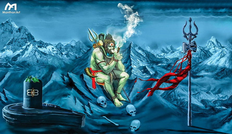 Lord Shiva Meditating in Snowy Mountains with Trishul and Skulls HD wallpaper