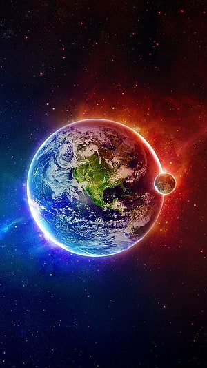 Vibrant Earth and Moon in a Colorful Cosmic Nebula HD phone wallpaper