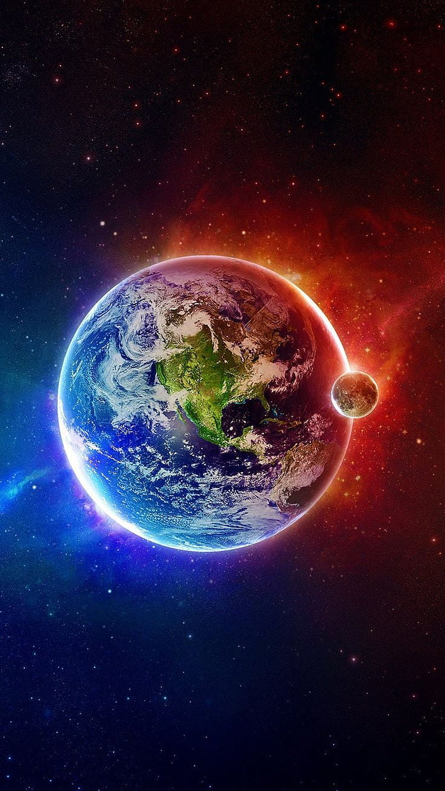Vibrant Earth and Moon in a Colorful Cosmic Nebula HD phone wallpaper