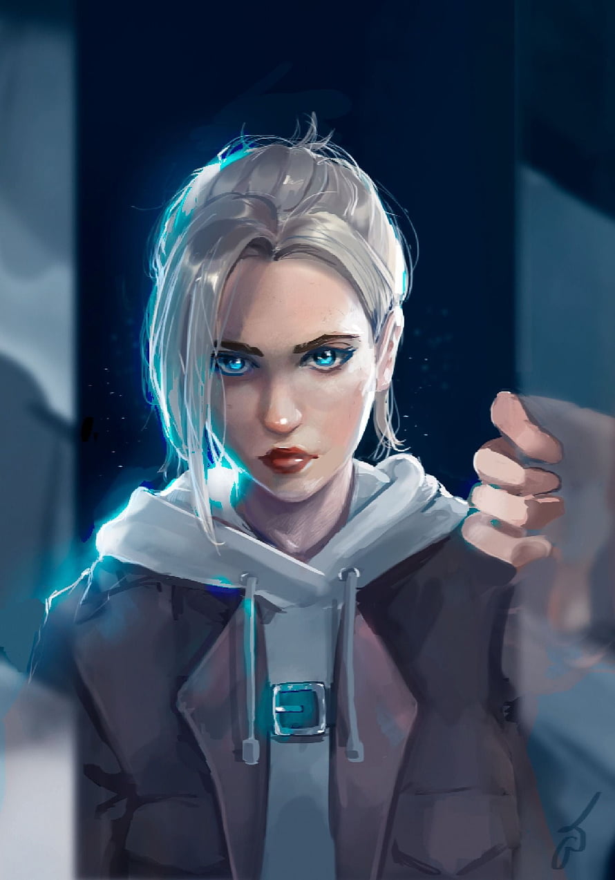 Jett from Valorant in a Hoodie with Glowing Blue Eyes and Silver Hair HD phone wallpaper