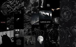 Dark Aesthetic Collage Wallpaper Featuring Black Roses, Moon, and Edgy Typography HD wallpaper