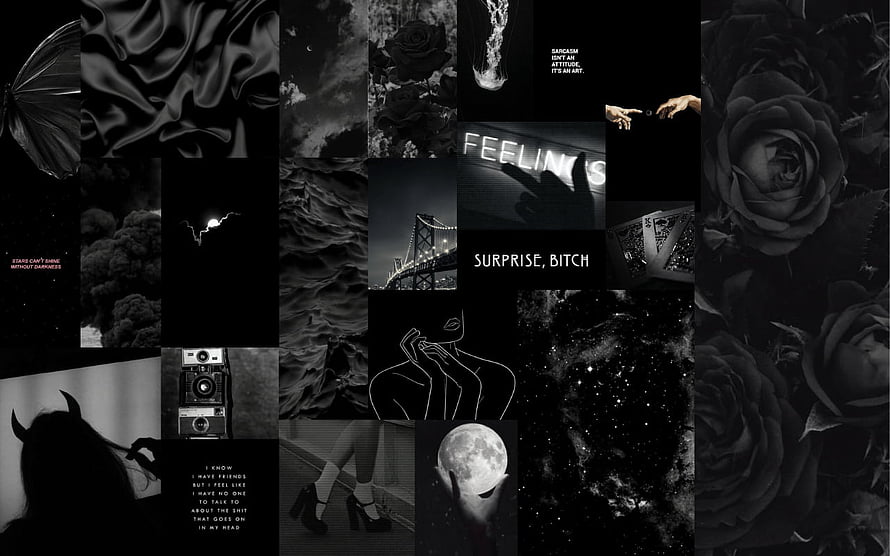 Dark Aesthetic Collage Wallpaper Featuring Black Roses, Moon, and Edgy Typography HD wallpaper