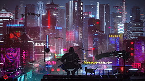 Cyberpunk Samurai Silhouette in Neon-Lit Futuristic Tokyo Cityscape with Cat HD wallpaper